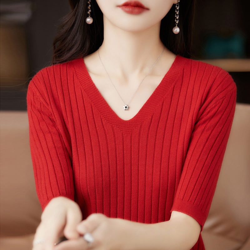 Short-Sleeved Knitted Bottoming Shirt for Women
