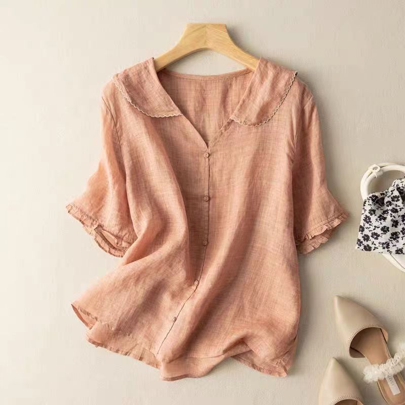 Short-sleeved Navy Collar Imitation Ramie Top Artistic Retro Small Shirt Doll Collar Loose Slim Thin 2022 New Style