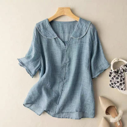 Short-sleeved Navy Collar Imitation Ramie Top Artistic Retro Small Shirt Doll Collar Loose Slim Thin 2022 New Style