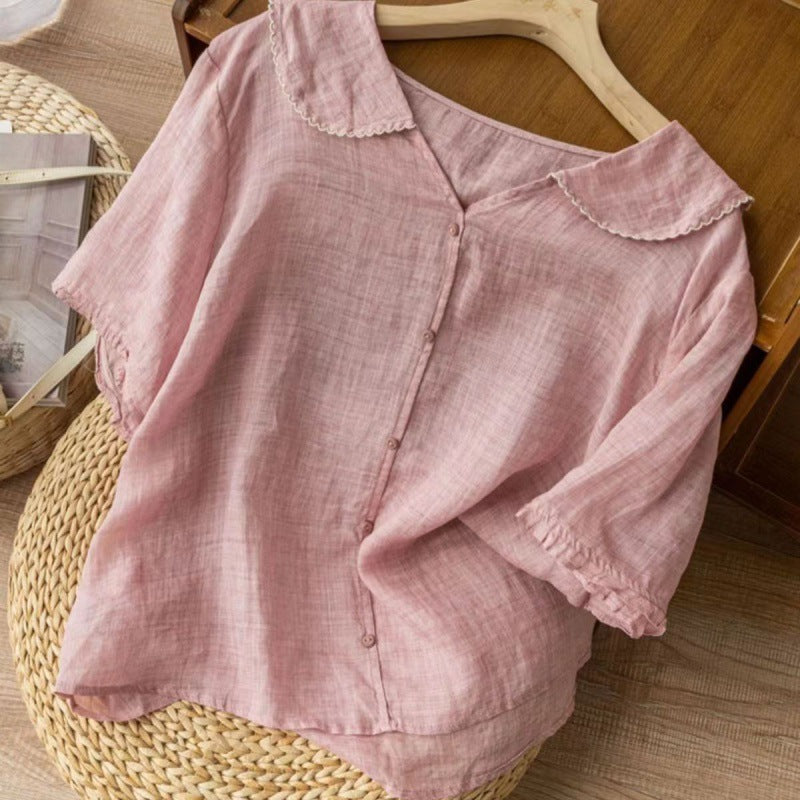 Short-sleeved Navy Collar Imitation Ramie Top Artistic Retro Small Shirt Doll Collar Loose Slim Thin 2022 New Style
