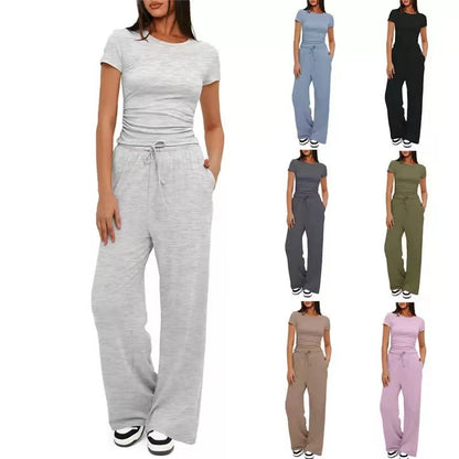 Short-sleeved top and high-waisted wide-leg pants