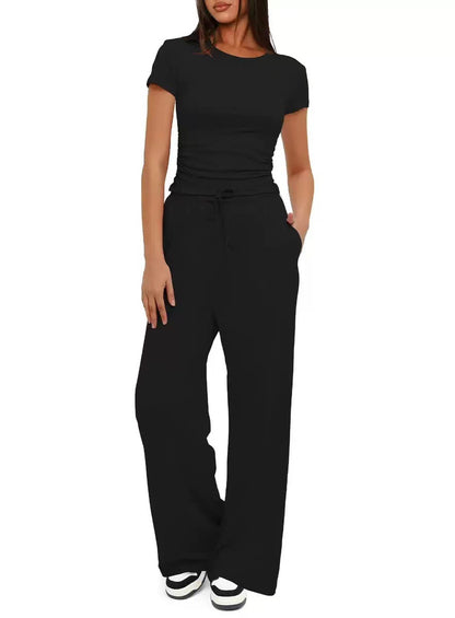 Short-sleeved top and high-waisted wide-leg pants