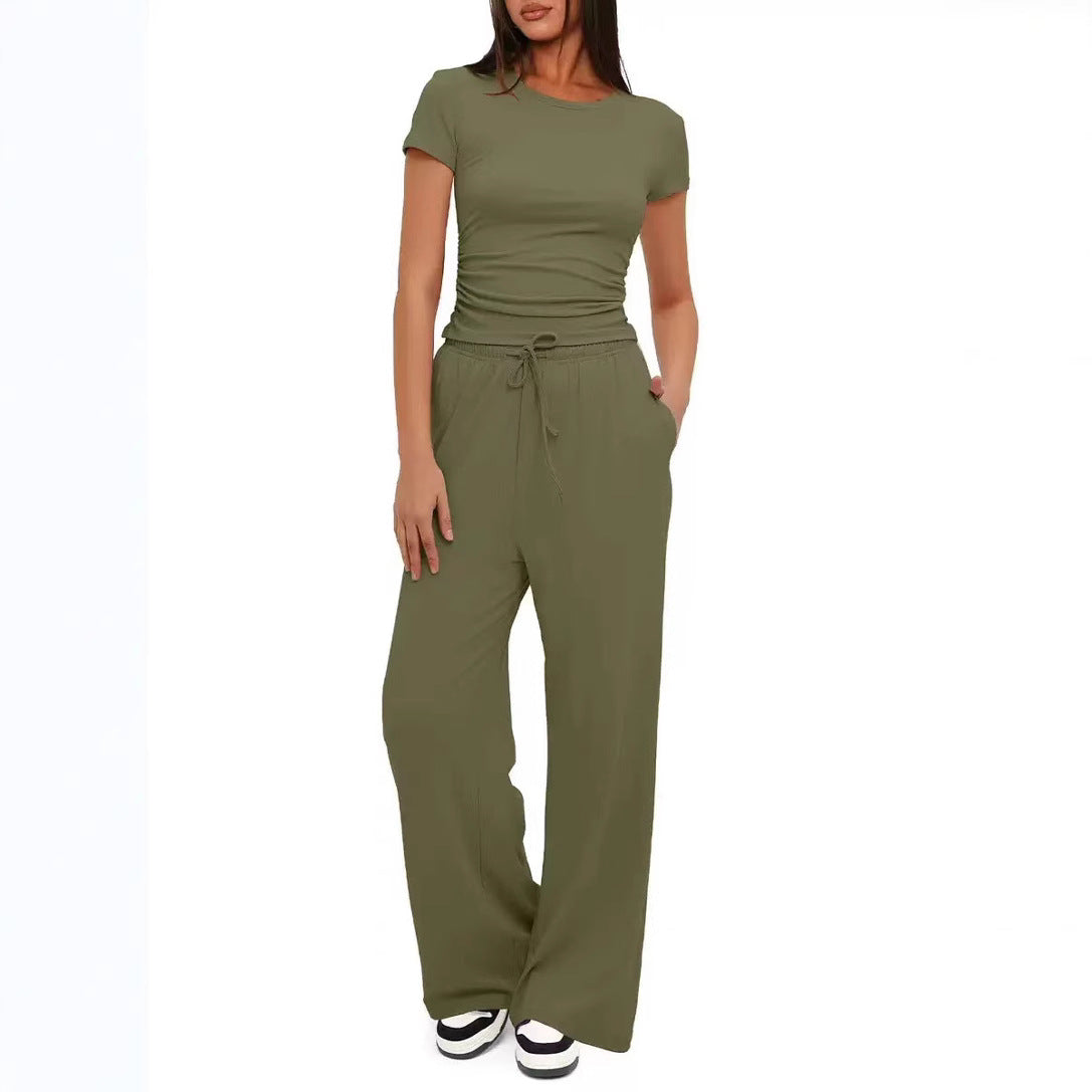 Short-sleeved top and high-waisted wide-leg pants