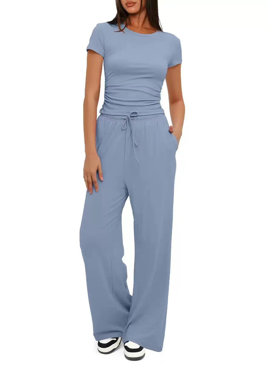 Short-sleeved top and high-waisted wide-leg pants