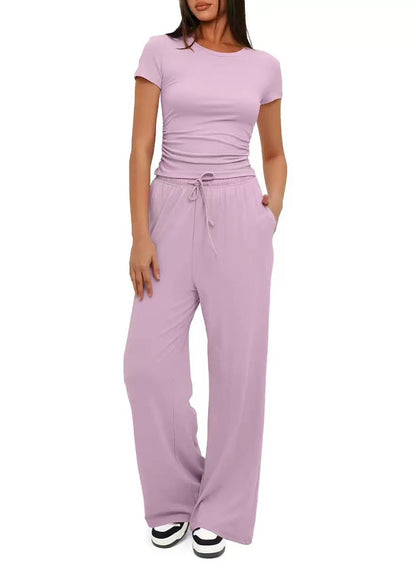 Short-sleeved top and high-waisted wide-leg pants