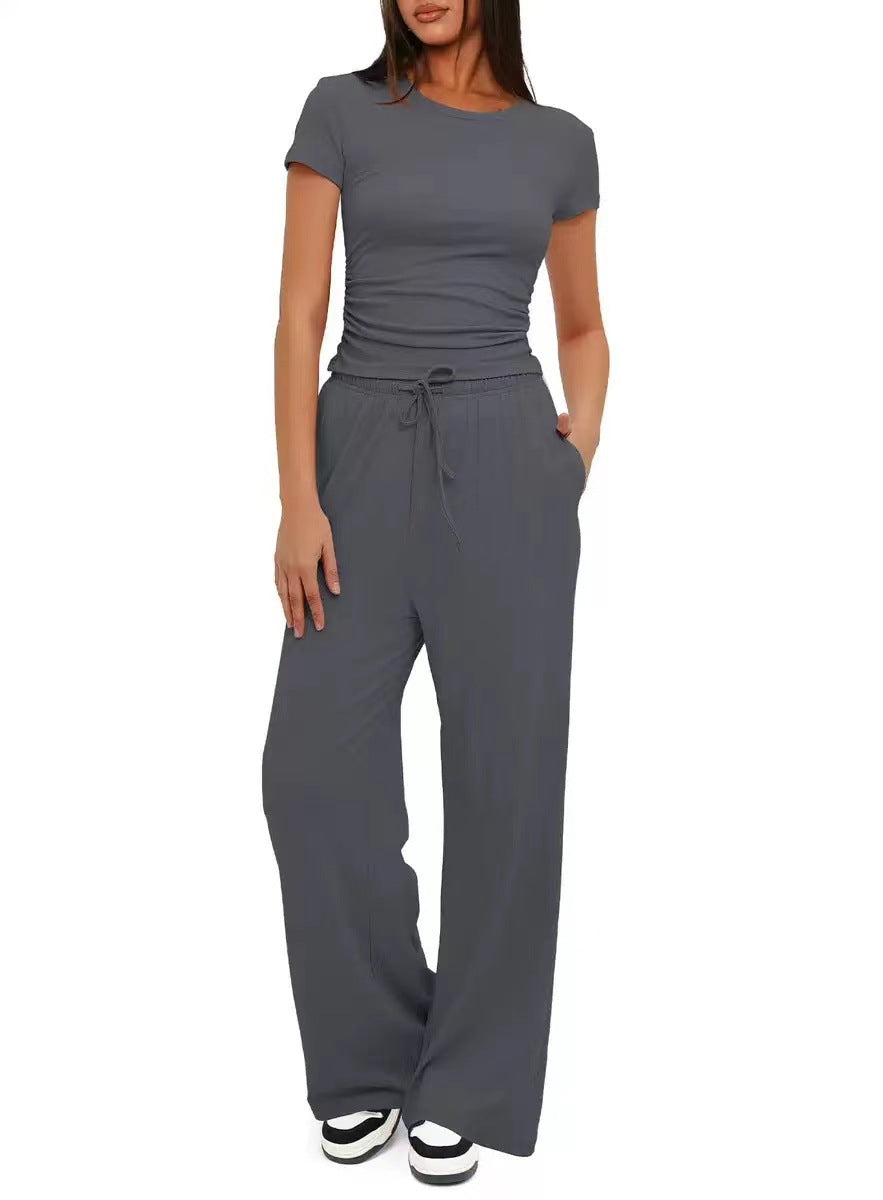 Short-sleeved top and high-waisted wide-leg pants