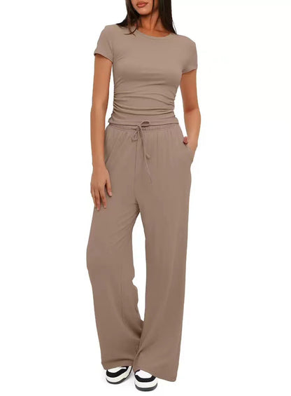 Short-sleeved top and high-waisted wide-leg pants