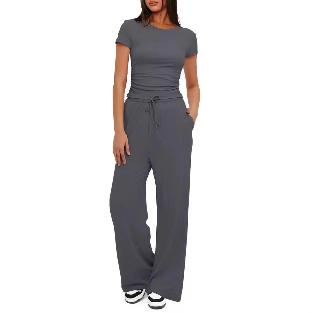 Short-sleeved top and high-waisted wide-leg pants