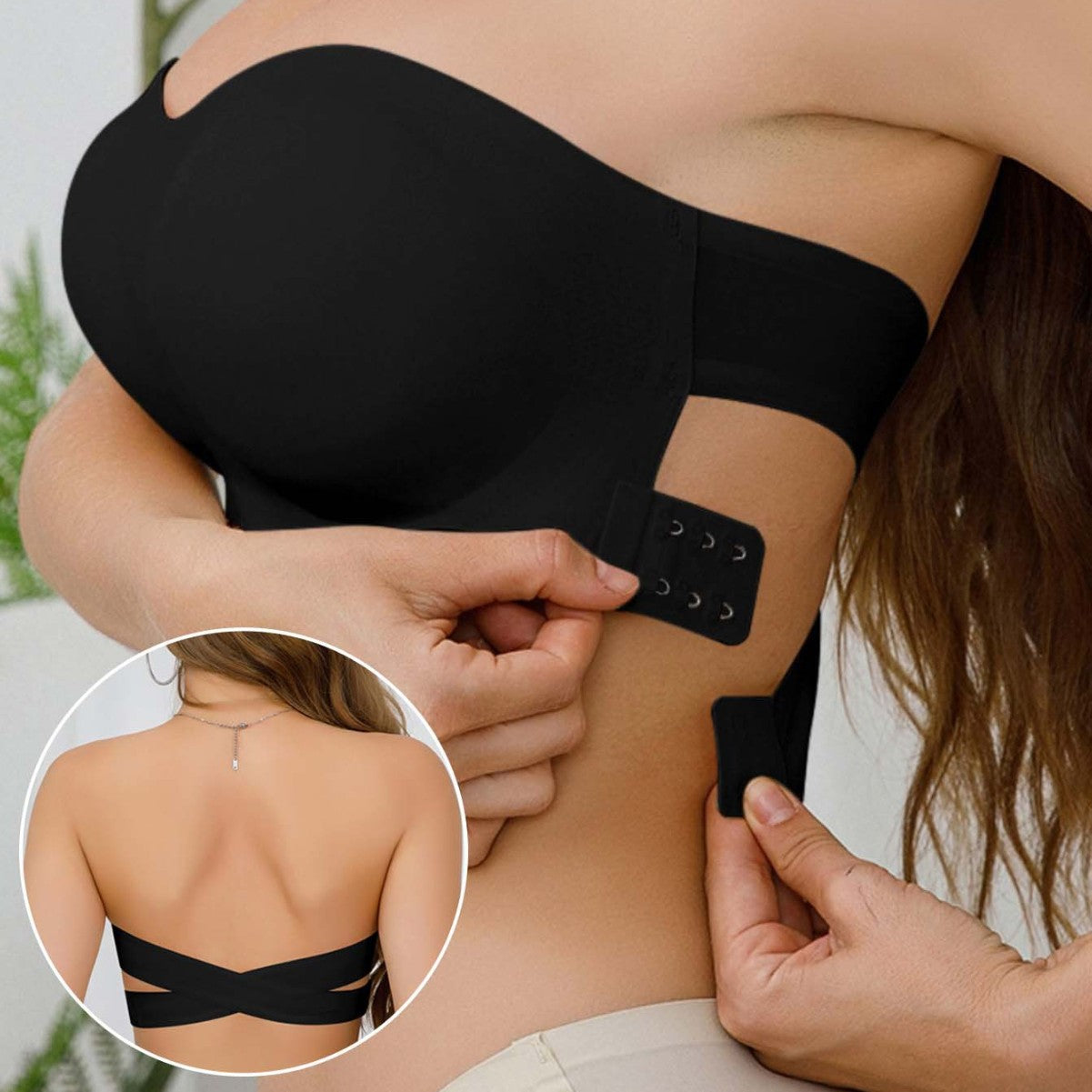 Shoulderless cross-over side-buckle bra