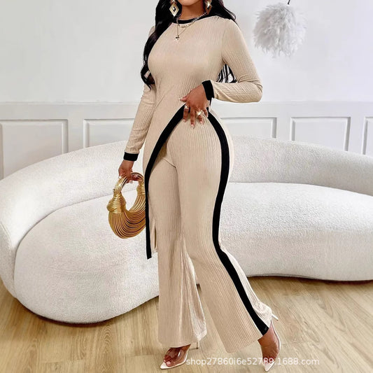 Side-Slit T-Shirt and Patchwork Trousers Set