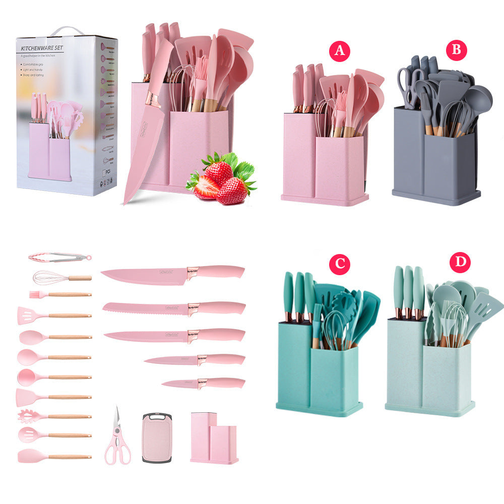 Silicone Kitchenware 19-Piece Set with Wooden Handle
