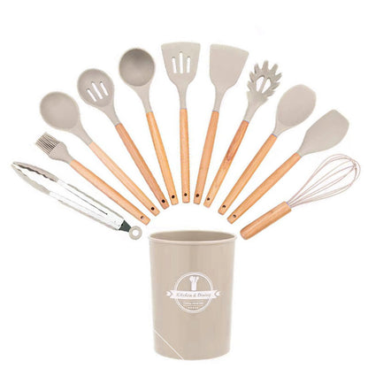 Silicone Wooden Handle Kitchen Utensil Set
