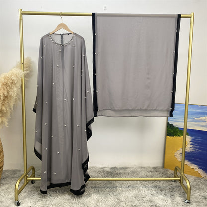 Silk chiffon long dress with batwing sleeves