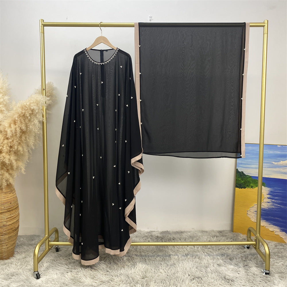 Silk chiffon long dress with batwing sleeves