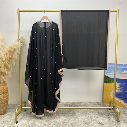 Silk chiffon long dress with batwing sleeves