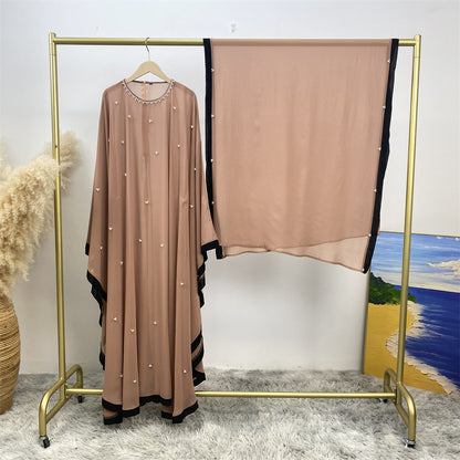 Silk chiffon long dress with batwing sleeves