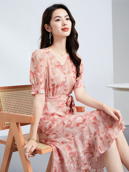 Silk French V-Neck Ruffle Dress
