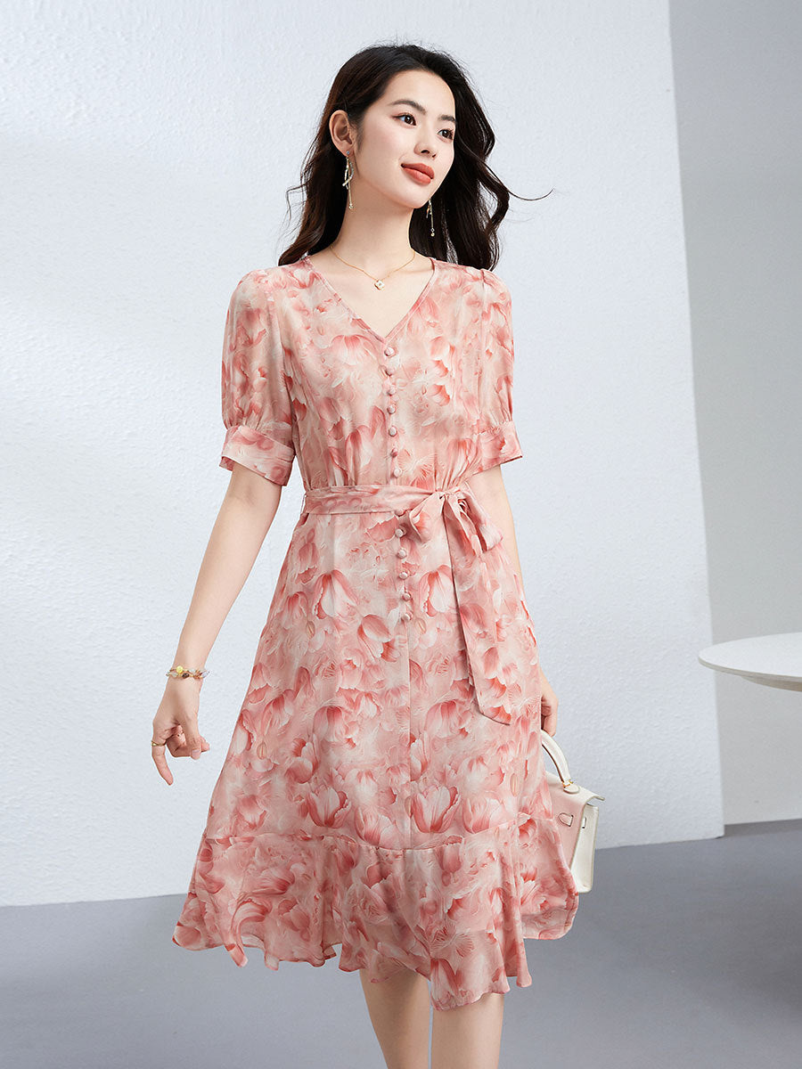 Silk French V-Neck Ruffle Dress