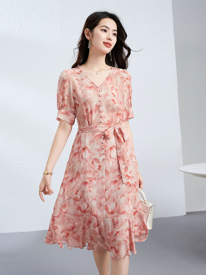 Silk French V-Neck Ruffle Dress
