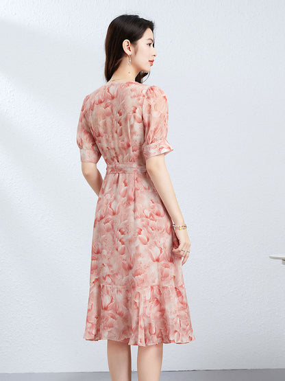Silk French V-Neck Ruffle Dress