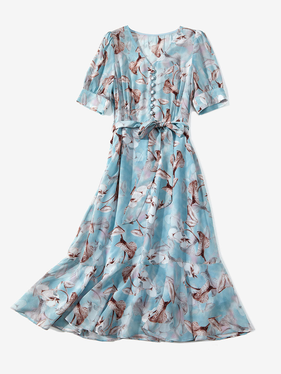 Silk French V-Neck Ruffle Dress