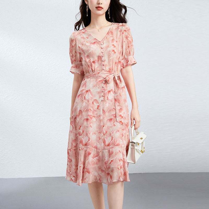 Silk French V-Neck Ruffle Dress