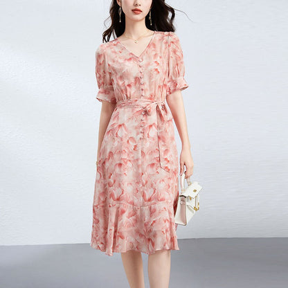 Silk French V-Neck Ruffle Dress