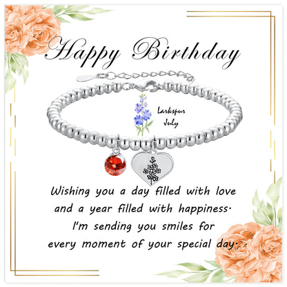 Silver Birthstone Heart Bracelet with Floral Pendant