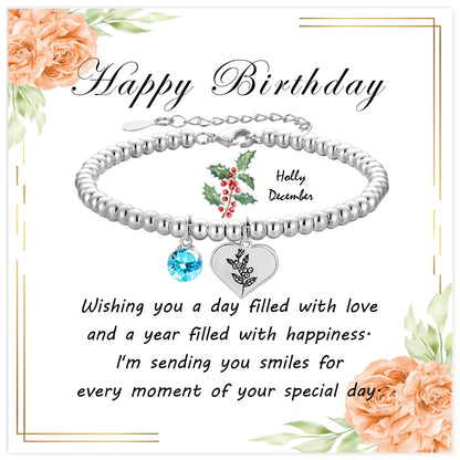 Silver Birthstone Heart Bracelet with Floral Pendant