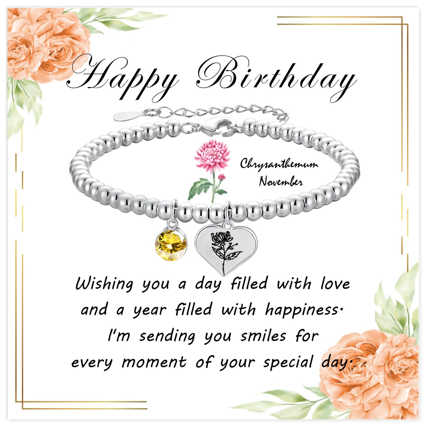 Silver Birthstone Heart Bracelet with Floral Pendant