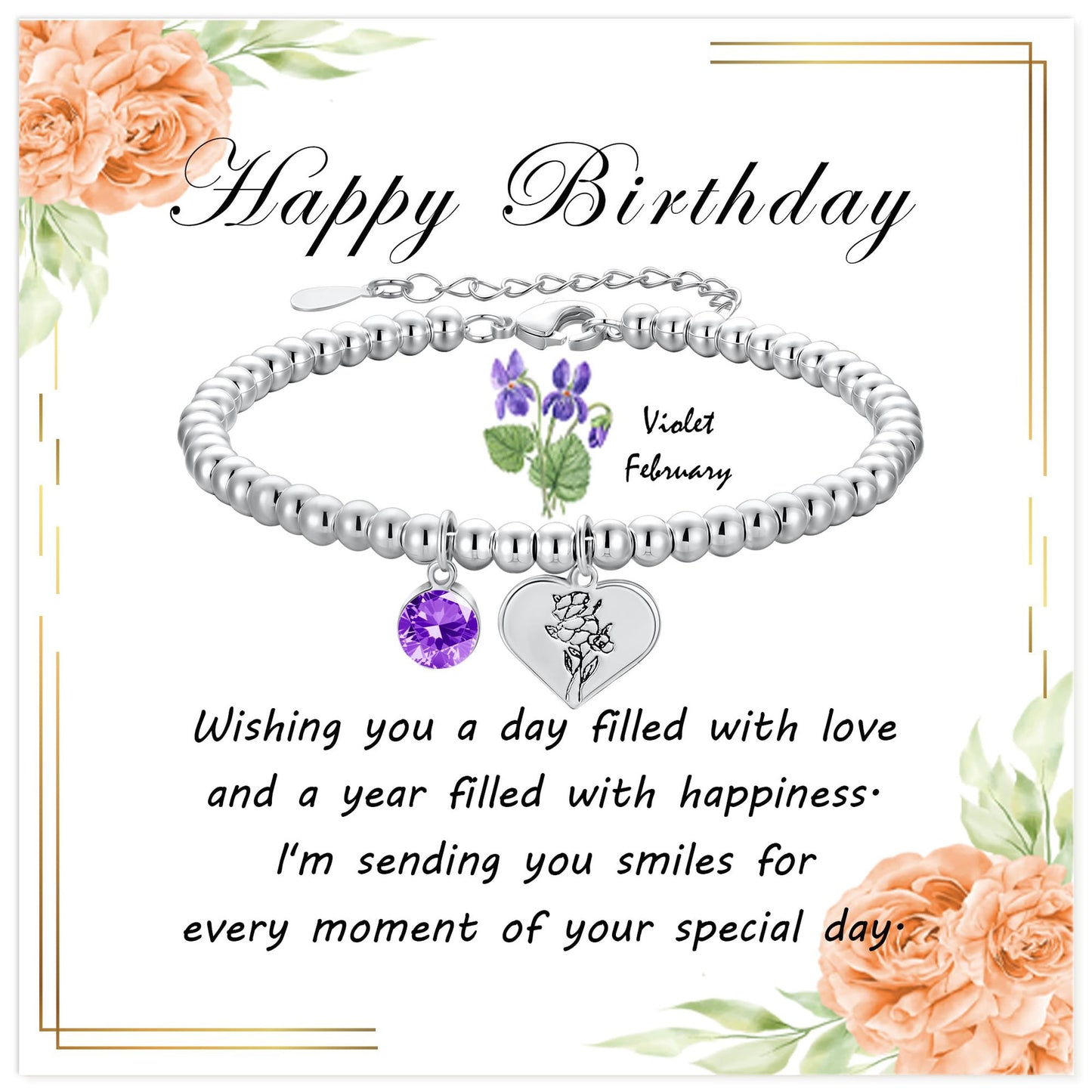 Silver Birthstone Heart Bracelet with Floral Pendant
