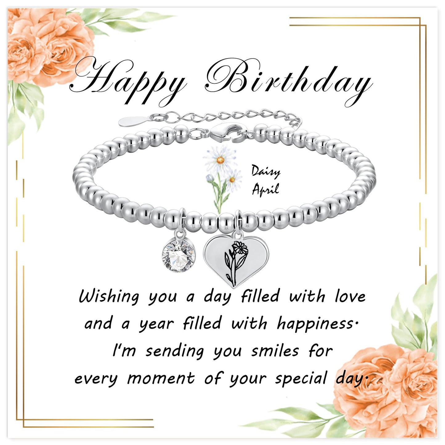 Silver Birthstone Heart Bracelet with Floral Pendant
