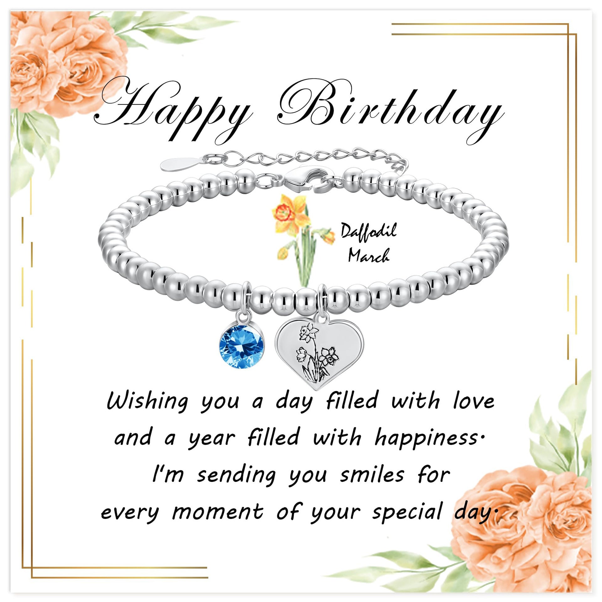 Silver Birthstone Heart Bracelet with Floral Pendant