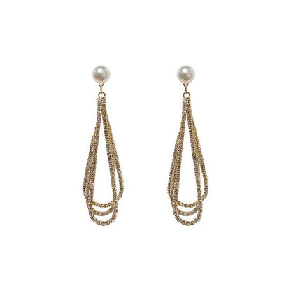 Silver Elegant Trendy Diamond Pearl Tassel Earrings Women's European and American French Fashion Drop-shaped Long Earrings Ear Jewelry