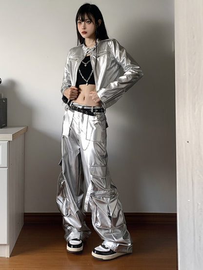 Silver long-sleeved short coat and cargo pants
