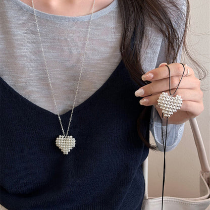 Silver Pearl Heart Long Necklace