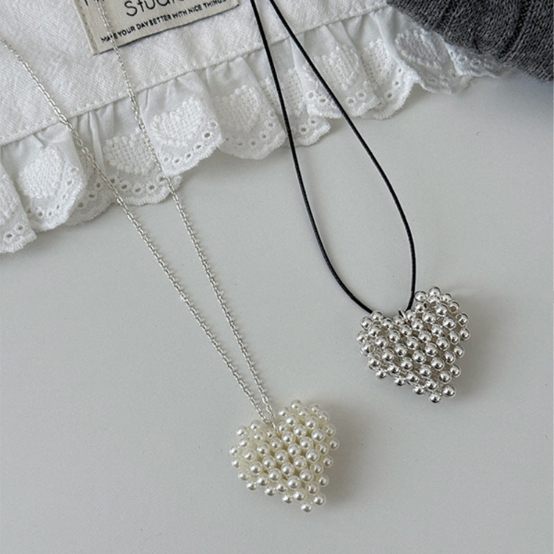 Silver Pearl Heart Long Necklace