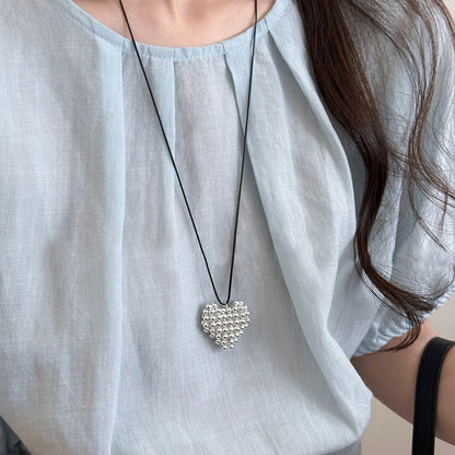 Silver Pearl Heart Long Necklace
