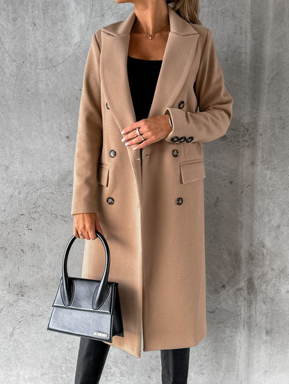 Simple long-sleeved double-breasted woolen outerwear