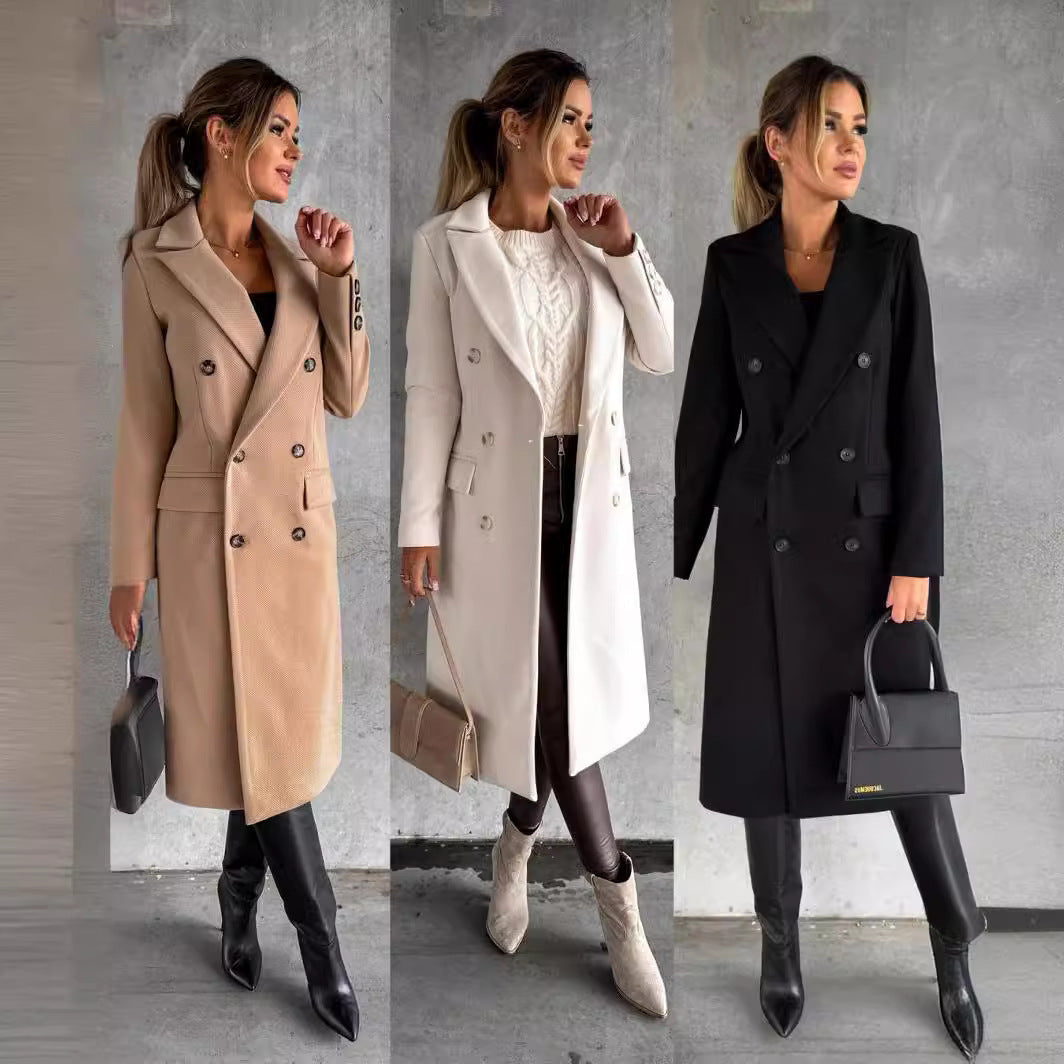 Simple long-sleeved double-breasted woolen outerwear