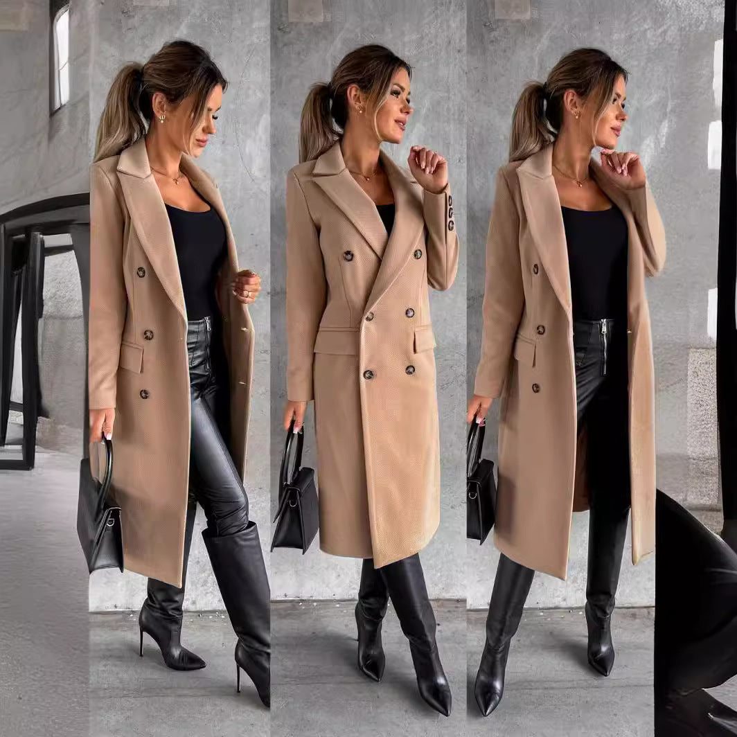 Simple long-sleeved double-breasted woolen outerwear