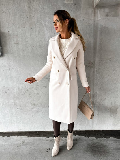 Simple long-sleeved double-breasted woolen outerwear