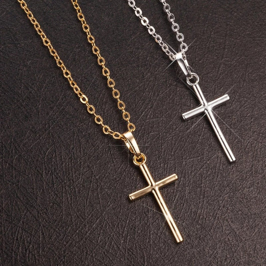 Simple Rhinestone Cross Necklace in Gold and Silver
