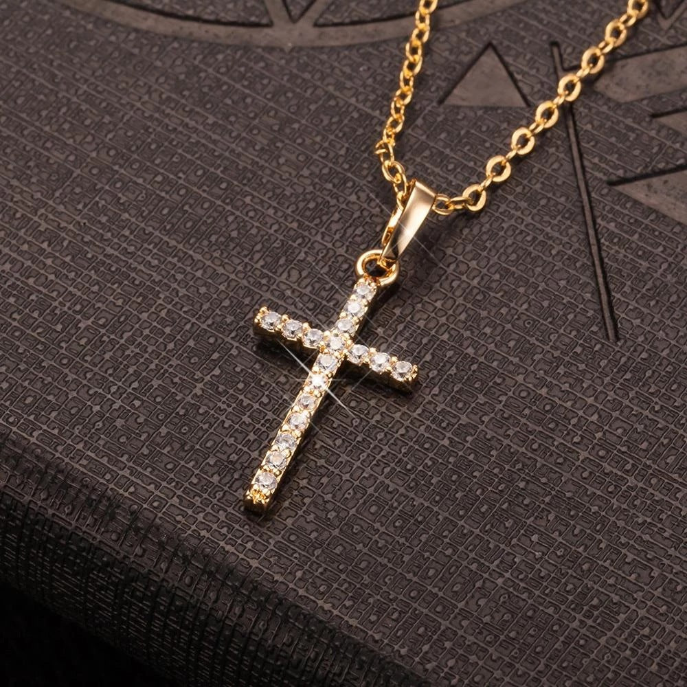 Simple Rhinestone Cross Necklace in Gold and Silver