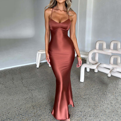 Simple Satin Tie Waist Strap Long Dress Birthday Party Wedding Banquet Slim Fit Dress dress