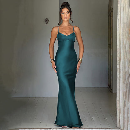Simple Satin Tie Waist Strap Long Dress Birthday Party Wedding Banquet Slim Fit Dress dress