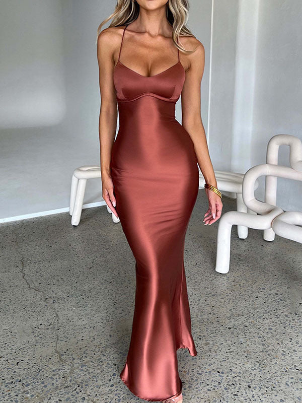 Simple Satin Tie Waist Strap Long Dress Birthday Party Wedding Banquet Slim Fit Dress dress
