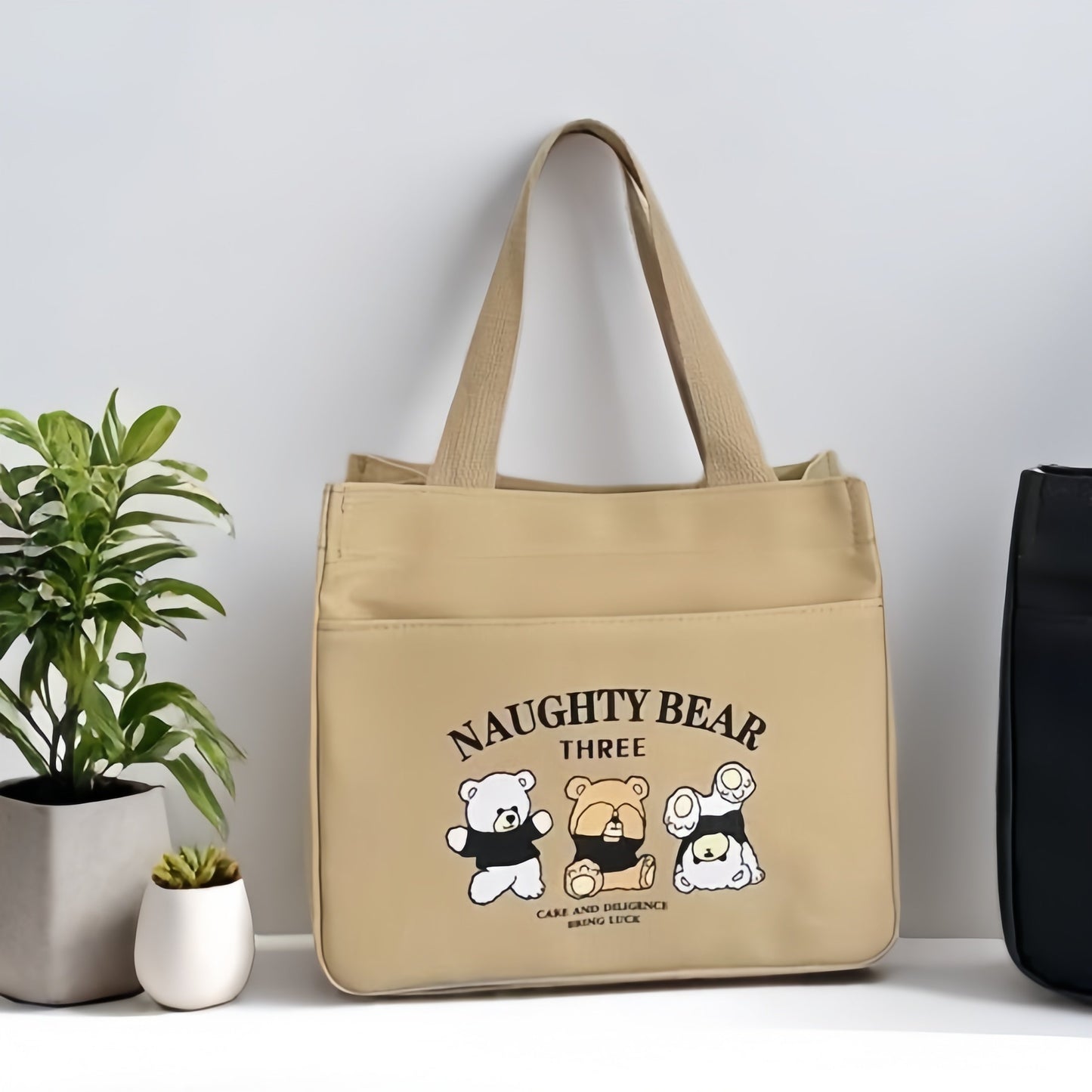 Simple Thickened Tote Bag with Bear Pattern