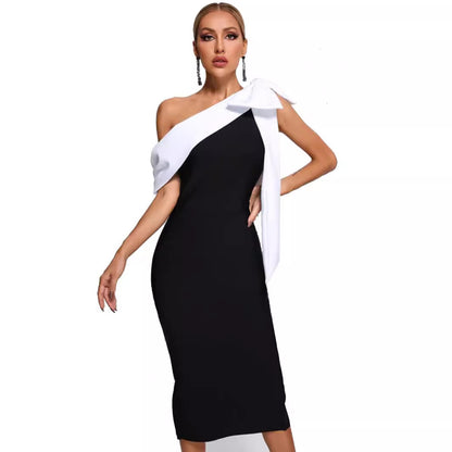 Single-shoulder bow tie style bandage dress
