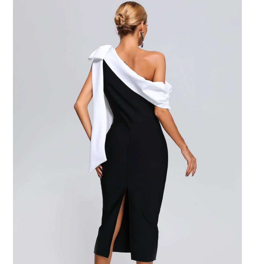 Single-shoulder bow tie style bandage dress